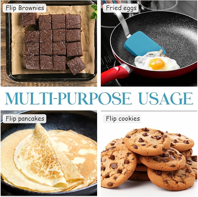 Silicone Cookie Spatula Turner 2 Pack Mini Brownie Spatula Flexible Kitchen Small Silicone Turner for Nonstick Cookware Heat Resistant No Scratch Flipper for Egg(Solid Flat,Light Blue)
