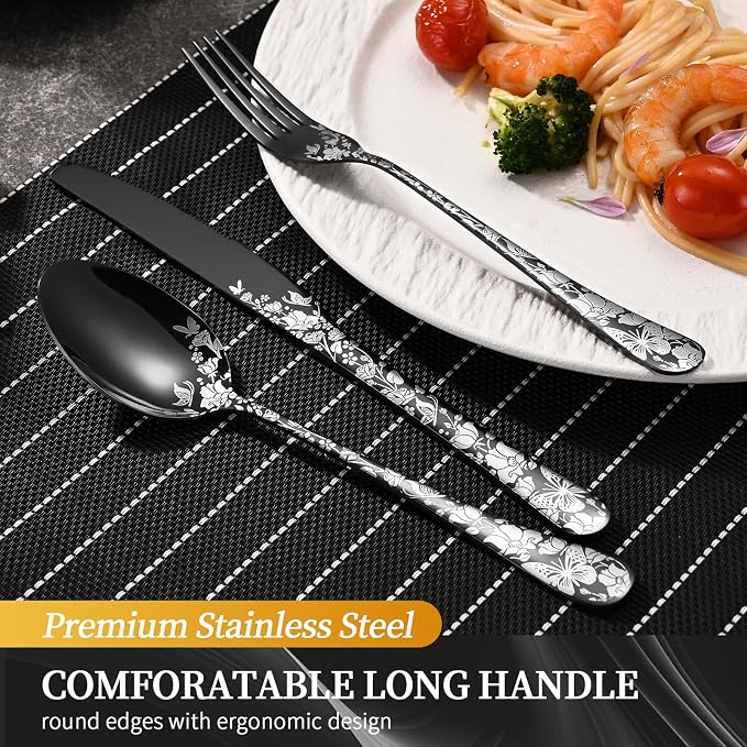 40 Piece Black Silverware Set, Stainless Steel Flatware Cutlery Set Service for 8, Mirror Polished Tableware Eating Utensils Set for Home Kitchen, Include Knife Fork Spoon Set, Dishwasher Safe