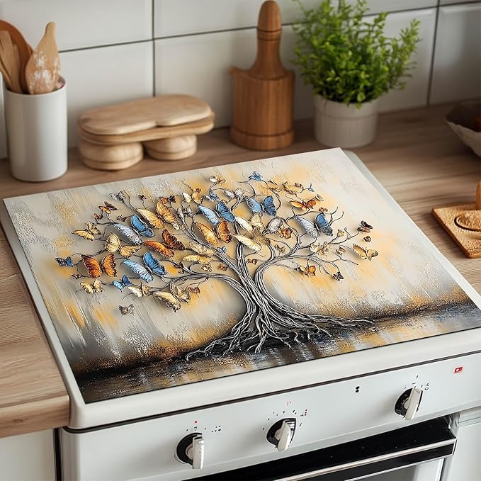 HOMETITUTE Gold Butterfly Tree Stove Top Cover 28x20 3D Diatomite Mat