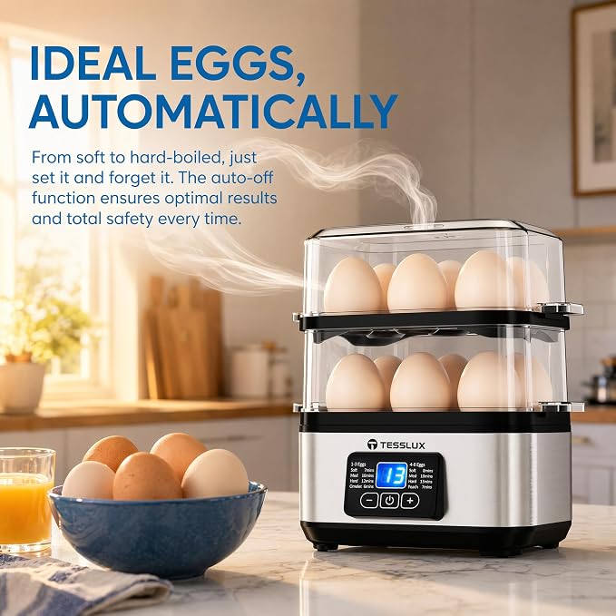 Tesslux Egg Cooker, Dual Layer 12 Egg Boiler, Soft Hard Poached, Silver | LED Countdown Timer, Touch Control, Poaching Bowl, Omelet Maker, Two Trays, Vegetable Steamer, Auto Shut-Off, Buzzer Alert