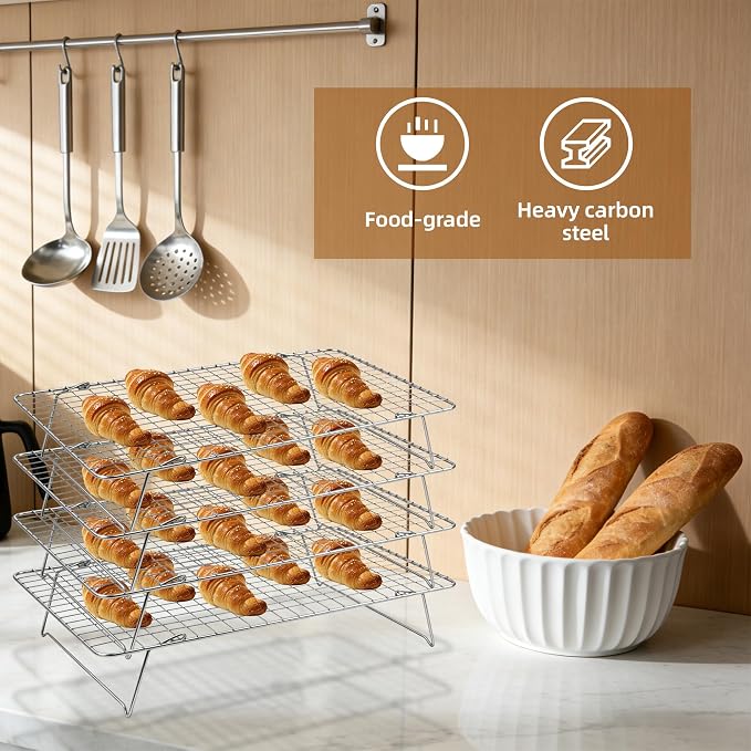 Cooling Rack 16"x10", 4-Tier Stackable & Collapsible Cooling Racks | Cooling Racks for Cooking and Baking, Roasting, Grilling, Oven & Dishwasher Safe (Silver, 4-Tier)