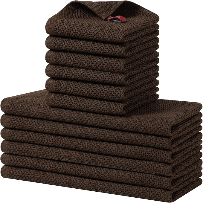 Homaxy 12 Pack 100% Cotton Kitchen Towels and Dishcloths Set, Dark Brown | 12 x 12 Inches and 13 x 28 Inches Kitchen Towels Set, Ultra Soft Absorbent Dish Cloths for Washing Dishes