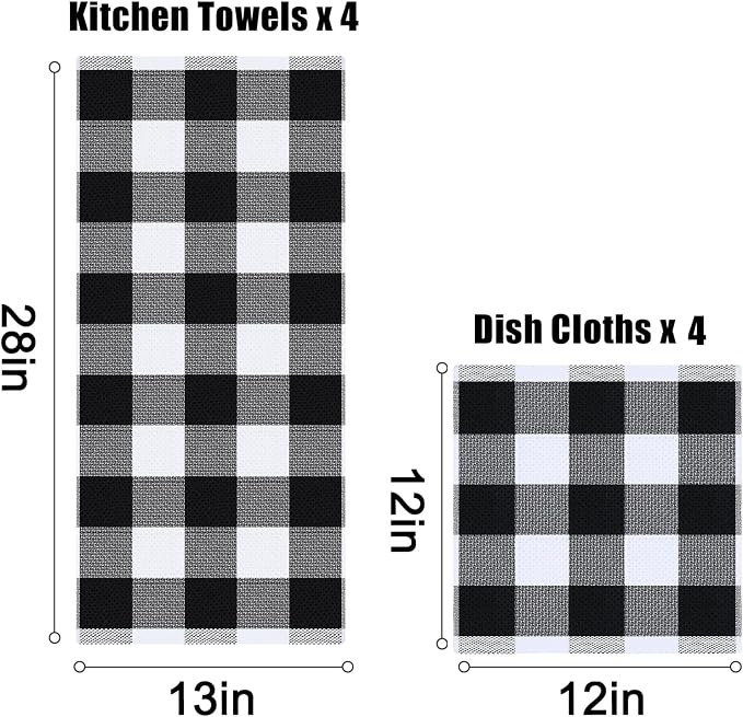 Homaxy Kitchen Towels and Dishcloths Set, Set of 16, White & Black | Bulk Cotton Waffle Weave Check Plaid Kitchen Towels, Super Soft and Absorbent Dish Cloths, 12 x 12 and 13 x 28 Inches