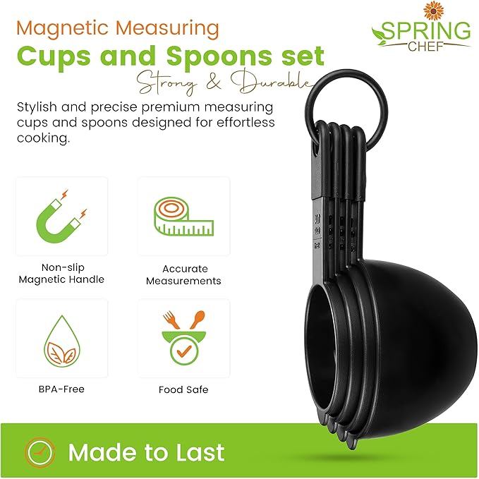 Spring Chef Black Magnetic Measuring Cups & Spoons - 9 pcs - Nesting Design | for Dry & Liquid Ingredients - Food Safe & BPA Free - Dishwasher Safe