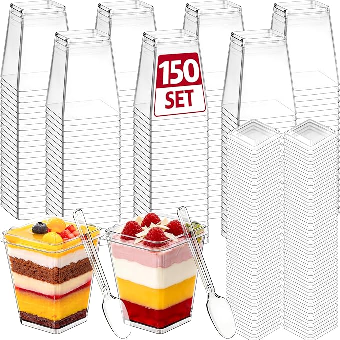 150 Set 5 oz Plastic Dessert Cups with Lids and Spoons, Yogurt Parfait Appetizer Cup with Lids for Party, Disposable Square Mini Dessert Shooters for Pudding, Fruit and Ice Cream