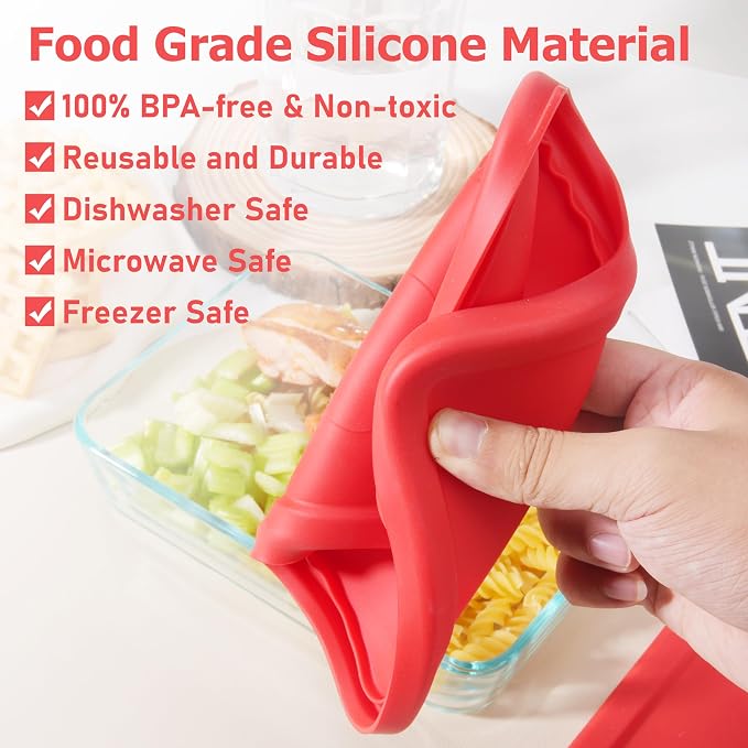 3 Cup Rectangle Silicone Storage Cover Lids Replacement for Pyrex 7210-PC Glass Bowls, (Container not Included) 2 Pack, Microwave, Dishwasher and Freezer Safe (Cherry Red)