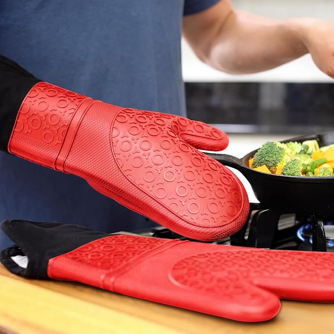 BPA-Free Soft Silicone Oven Mitts - Ultra Heat Resistant Oven Mitts with Thick Cotton Liner - Extra Long Slip Resistant Pot Holders, Flexible Oven Gloves