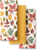 Martha Stewart Autumn Harvest Falling Leaves Kitchen Towel 3-Pack Set, 100% Cotton with Absorbent Terrycloth, Decorative Kitchen Towels, Tan/Red/Green, 16"x28"