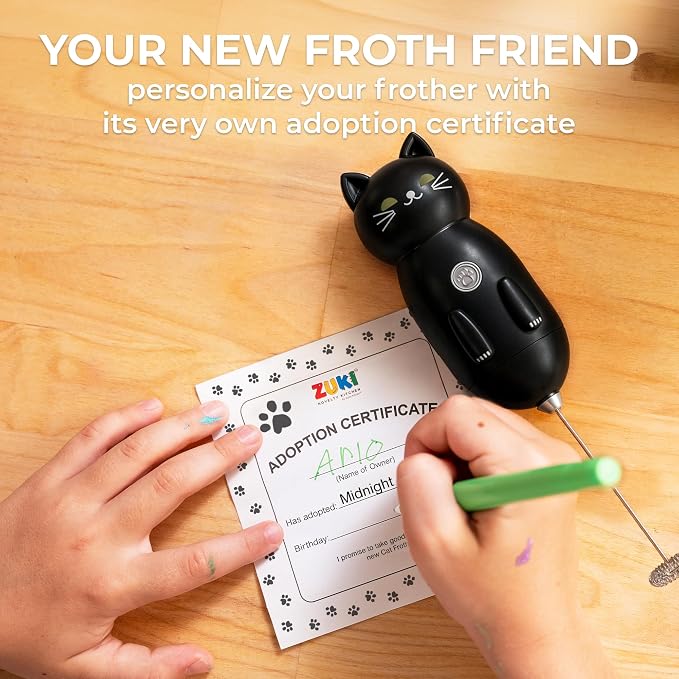 Cat-Shaped Frother Mixer – Cutesy Frother, Meet Your New Frothing Buddy Midnight The Cat, Adoption Papers and Stickers Included, Purrr-fect for Lattes, Cappuccino & Matcha – Black