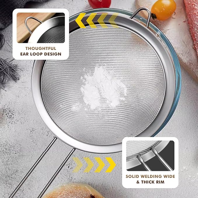NileHome Mesh Strainer,7.8-Inch Diameter Stainless Steel Strainer for Sifting, Straining, Cooking Kitchen Strainers Fine Mesh for Flour, Pasta, Loose Tea, Fruit, and Rice, Silver