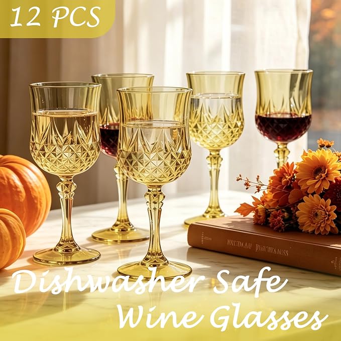 12Pack Plastic Wine Glasses, 7oz Vintage Goblets for Wedding | Unbreakable Crystal Style Reusable Stemware, Elegant Gold Drinking Glass for Party Anniversary & Holiday Celebration