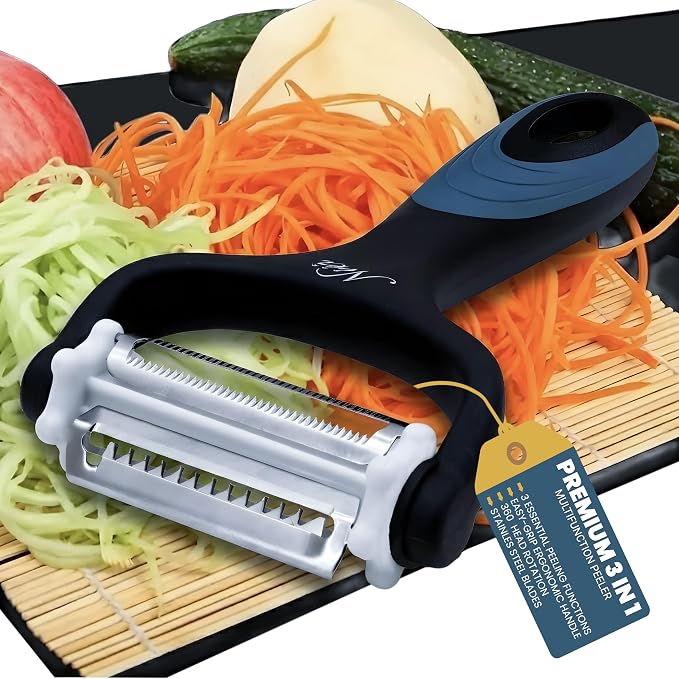 Neez Julienne Peeler Vegetable Peeler Multifunctional Potato Cabbage Fruit Cucumber Carrot Peeler Julienne Shredder Tool Kitchen Multi-Function Stainless Steel Peeler Slicer Knife Julienne Set 3 In 1