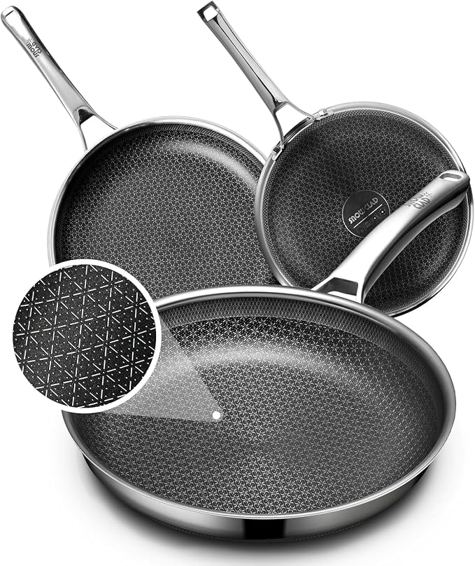 OATOFP Non Stick Frying Pans Set, Hybrid Skillet Set Nonstick (8+10+12inch), Pans for cooking, PFOA Free Stainless Steel Kitchen set, Dishwasher and Oven-Safe Cookware Sets, Quiche Pan