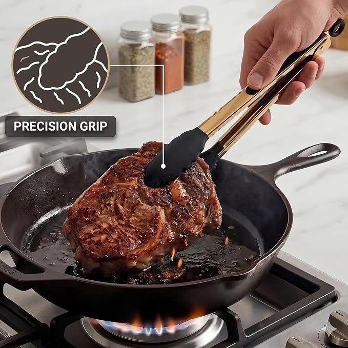 Professional Gold Kitchen Tongs for Cooking with Silicone Tips, Set of 3 (7", 9", 12") - Heavy Duty Stainless Steel Food Tongs for Grilling, Serving, BBQ, Salad & Frying - Heat Resistant & Non-Stick