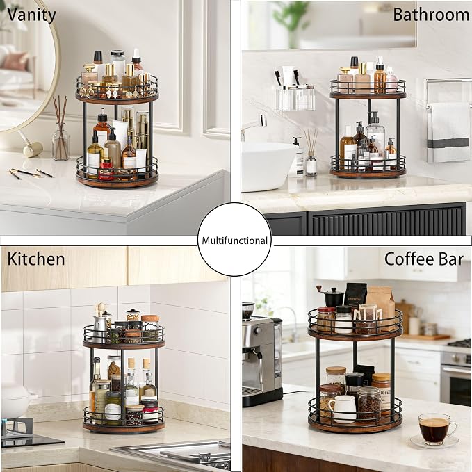 2-Tier Rotating Bathroom Countertop Organizer, Wooden Makeup Vanity Storage, Multifunctional Lazy Susan Turntable for Skincare, Perfume and Cosmetics (Brown)