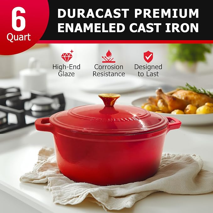 Mueller 6QT Enameled Cast Iron Dutch Oven with Lid, Heavy-Duty | Casserole & Braiser Pan, Sourdough Bread Baking, PFOA-Free, Oven Safe to 500°F, All Cooktops incl. Induction, Red