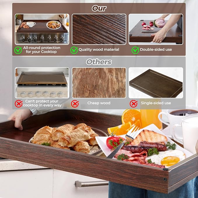 WOLKI 30" Noodle Board Stove Top Cover For Gas & Electric Stoves, Walnut | Heavy-Duty Wooden Stove Cover (30"L x 22"W x 2.4"Th) With Handles For RV Stoves, Serving Tray & Space Saver