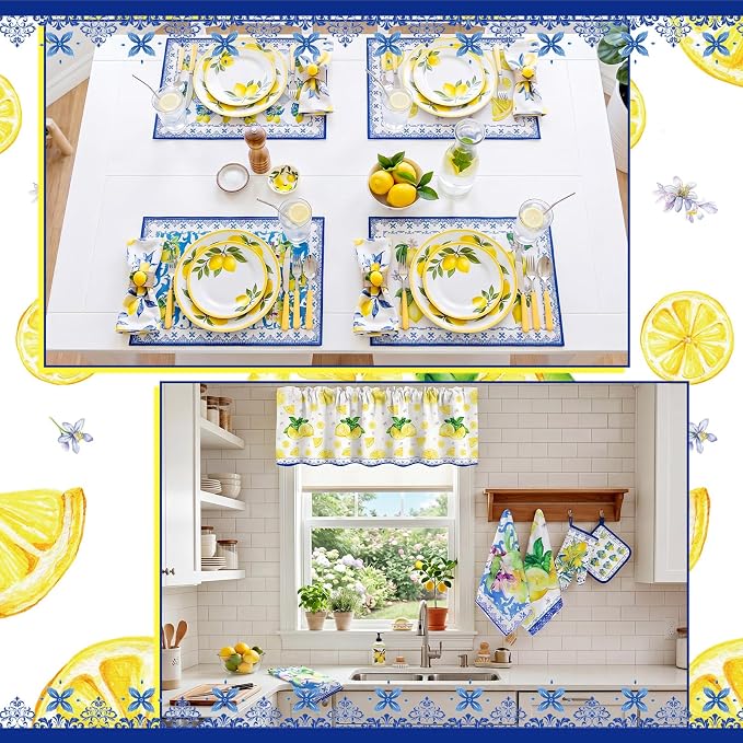 Fourluoo 16 Pcs Lemon Kitchen Decor Set 4 Summer Kitchen Towels 2 Non Slip Rugs and Mats for Floor 2 Oven Mitts Gloves 2 Pot Holders 4 Placemats 2 Curtains for Home Decoration Women Gift