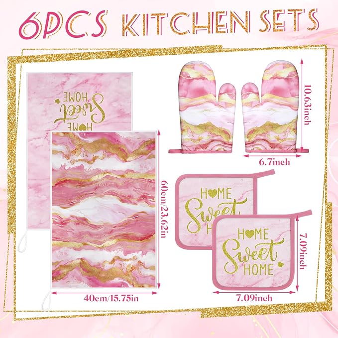 Bencailor 6 Pcs Pink Kitchen Decor Marble Kitchen Towels Set Pot Holders and Oven Mitts Pink Marble Linens Set for Baking Cooking Grilling Cleaning Supply Accessories