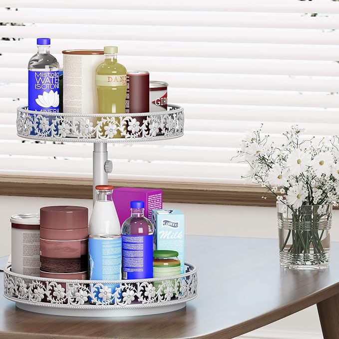 2 Tier Lazy Susan Organizer Turntable, 12 Inch, White | Adjustable, Easy Assembly & Cleaning, Two Tier Rotating Lazy Susan Spice Rack, For Cabinet Dining Table Kitchen Countertop
