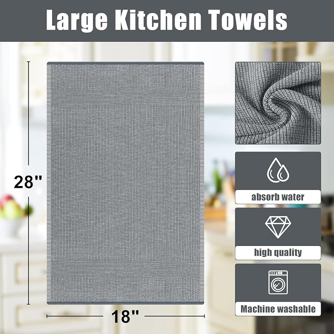 Homaxy 380 GSM Cotton Premium Kitchen Towels 3 Pack, 18"x 28", Mix | Flat and Terry Dish Towels, Highly Absorbent Tea Towel Set with Hanging Loop, Soft Kitchen Hand Towels, Navy/Grey/Black