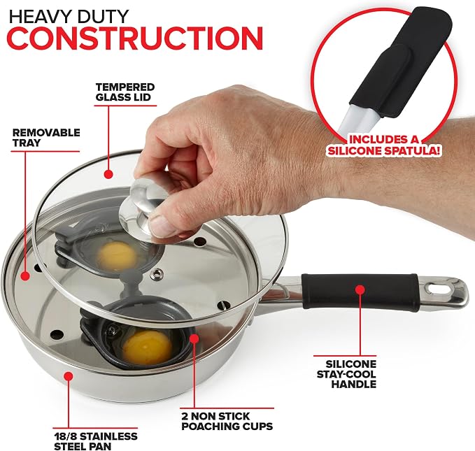 Nonstick Egg Poacher Pan, 2 Poached Egg Cups, Easy Poached Egg Cooker Stainless Steel, Perfect Eggs Benedict Maker, Egg Poaching Pan, PFOA-Free Silicone Spatula - Modern Innovations