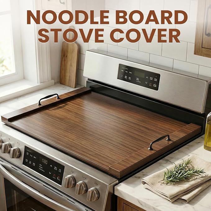 Noodle Board Stove Cover with Handles, 29.5 x 22 Inch, Walnut | Engineered Wood Cover for Electric, Gas and Glass Stove Tops, Raised Edge Serving Tray for Extra Counter Space