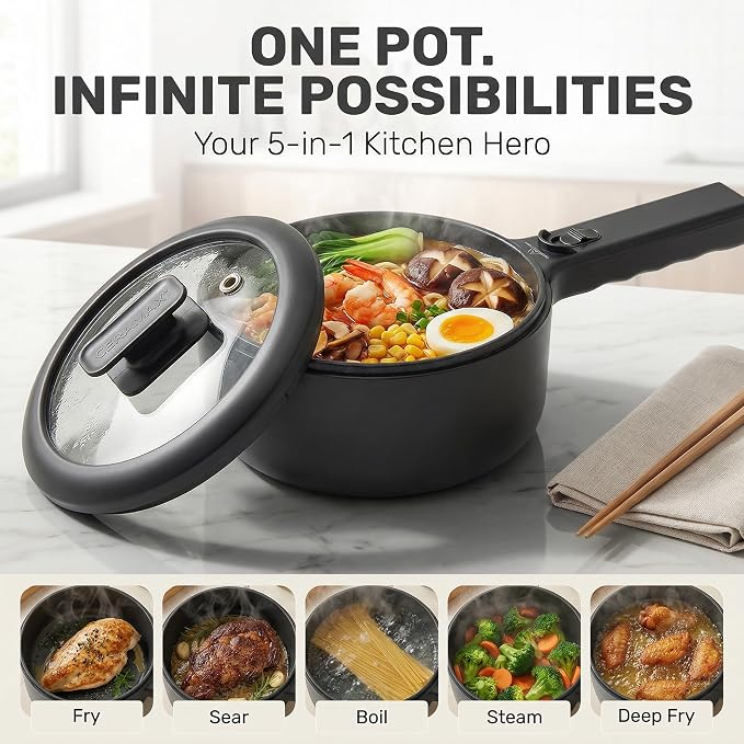 CERAMAX Electric Hot Pot 1.5L, Non-Stick Ceramic Skillet with Steamer & Lid for Ramen, Soup, Steak, Egg - BPA-Free, Non-Toxic, 350°F in 4 Min, Portable Electric Pan for Dorm, Travel, RV, Office, Black