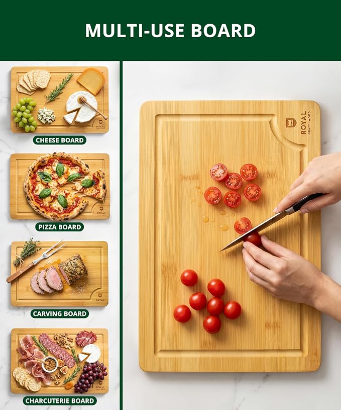 ROYAL CRAFT WOOD Wooden Cutting Boards for Kitchen Meal Prep & Serving - Bamboo Wood Serving Board Set with Deep Juice Groove Side Handles - Charcuterie & Chopping Butcher Block for Meat