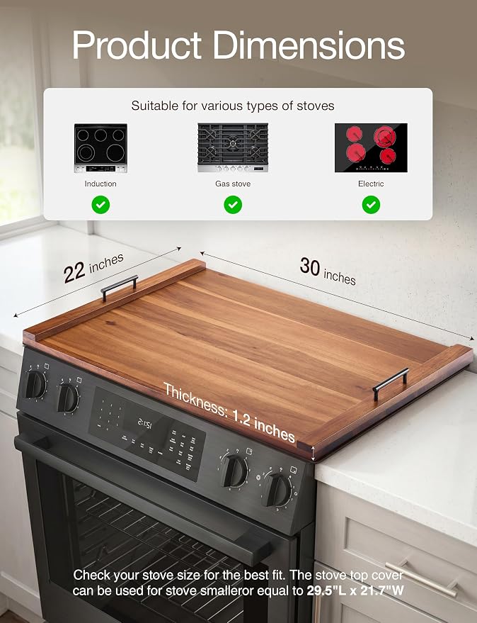 TIDITA 30"Lx22"W Acacia Stove Top Covers for Electric Stove, Metal Handles | Acacia Wood, Metal Handles, Non-Skid Pads, Easy Assembly, Wooden Noodle Board for Gas Stovetop, Gas Stove Cover, Multi-Use