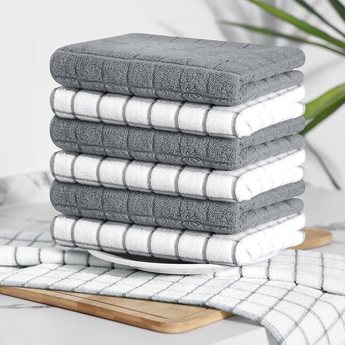 Homaxy Large Premium Cotton Kitchen Towels 16"x 28", 6 Pack, Grey | Natural Ring Spun 390 GSM Dish Towels, Super Absorbent Terry Kitchen Hand Towels, Soft Tea Towels with Hanging Loop