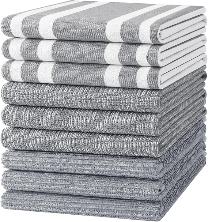 Homaxy Cotton 380 GSM Premium Kitchen Towels, 18"x 28", 9 Pack, Grey | Soft and Absorbent Terry Dish Towels, Multipurpose Tea Towel Set with Hanging Loop, 3 Styles Kitchen Hand Towels