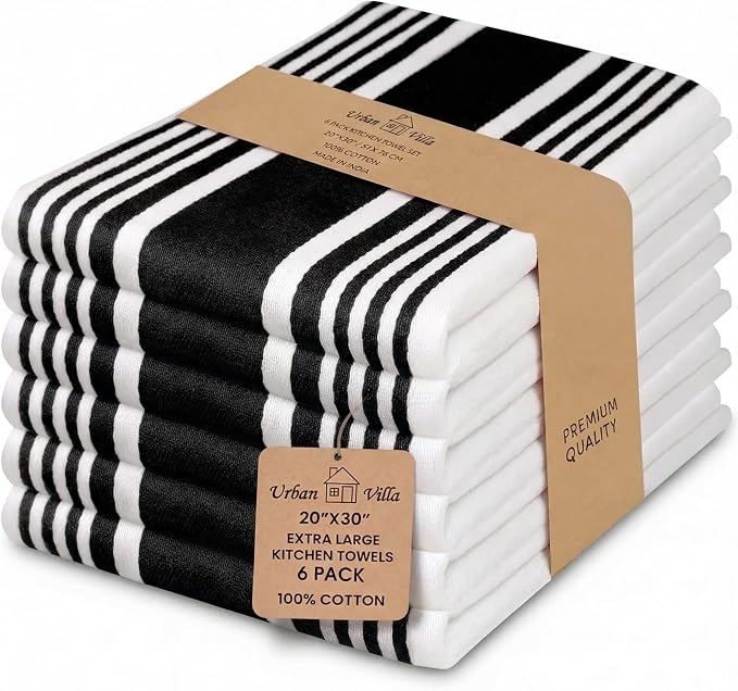 Urban Villa Kitchen Towels Cotton Dish Towels 20”x30” (Set of 6) Black