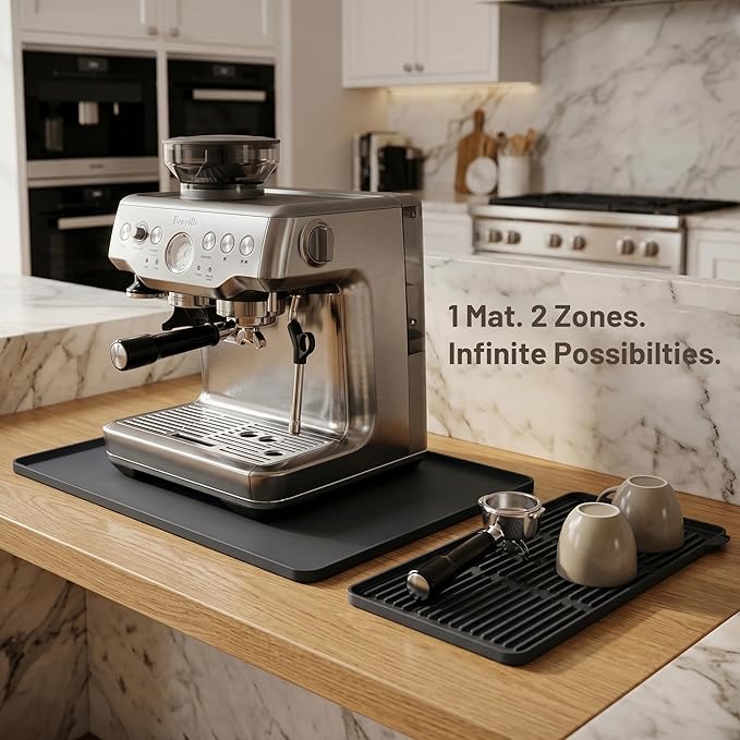 Silicone Coffee Mat for Countertop, 24x16 inch Heat Resistant Espresso Machine Mat, Non-Slip Coffee Bar Mat with Detachable Drying Area and Raised Edge, Waterproof Station Pad - Black