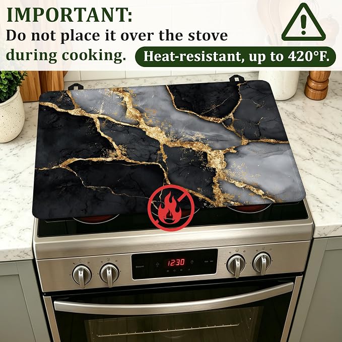 Stove Top Cover Black Gold Marble 28.5x20.5Inch for Electric Stove, Heat Resistant Silicone Cooktop Protector,Glass Stove Cover Mat,Anti Scratch Countertop Protector
