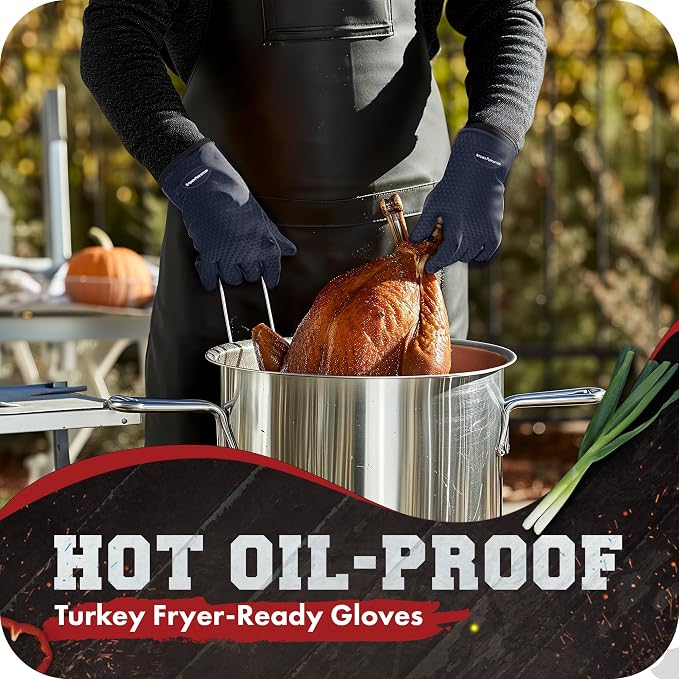 KITCHEN PERFECTION S Silicone Smoker BBQ Gloves - Heat Resistant Oven Mitts | Waterproof, 5-Finger Design For A Better Grip, for Pitmasters, Meat Smoking, Grilling, Cooking, Frying Turkey | Grill Gift