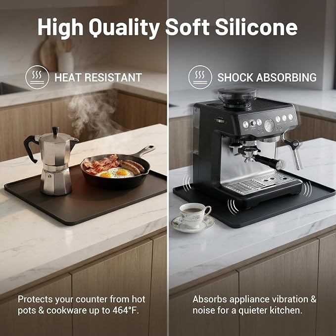ZJWZLG Silicone Coffee Mat for Countertop, 24x16 inch - Heat Resistant Espresso Machine Mat with Raised Edge, Non-Slip Waterproof Station Pad, Compact Coffee Bar & Kitchen Accessories - Black