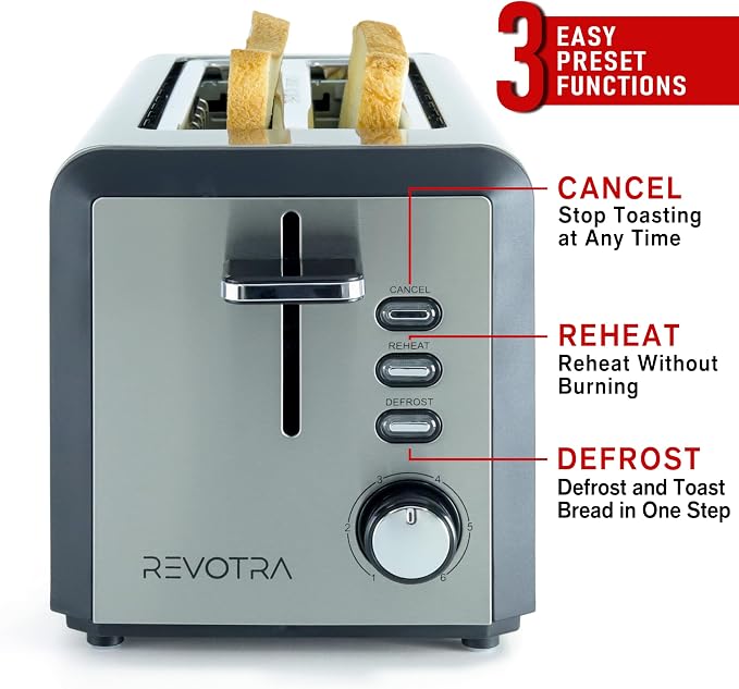4 Slice Long Slot Stainless Steel Toaster with Extra Wide 1.5” Slots | 6 Shade Browning Settings, Defrost Reheat Cancel Functions, Even Toasting for Artisan & Sourdough Bread, Removable Crumb Tray