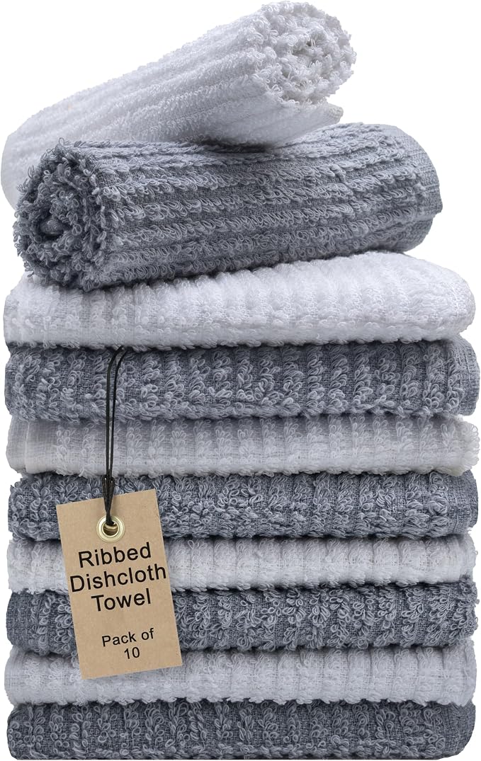 Textila Bar Mop Towels 12x12 Inch – White & Grey – Pack of 10 - Cotton Dish Cloths & Cleaning Towels for Kitchen, Bar, Restaurant, Household Use – Absorbent, Durable, Reusable