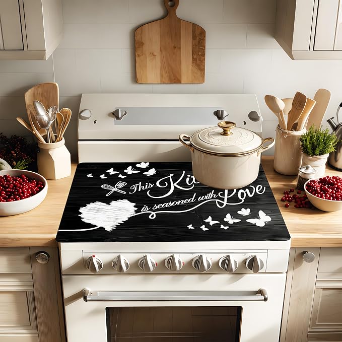 Black and White Kitchen Quote Stove Top Cover 28.3 x 20.5 Inch, Heart Butterfly Glass Cooktop Protector Mat, Electric Range Cover for Kitchen Counter Decor (Black wooden planks)
