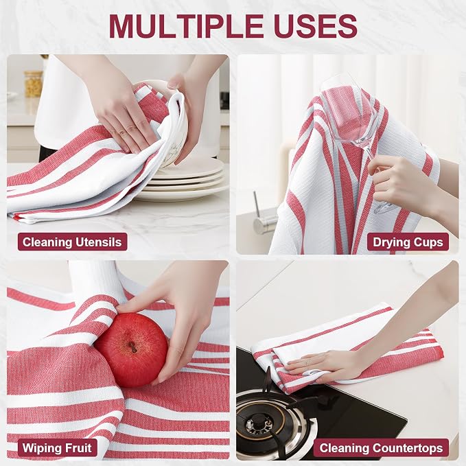 Homaxy Premium Cotton Stripe Kitchen Towels 3 Pack, 18"x 28", Red | Large 380 GSM Kitchen Hand Towels, Soft Terry Dish Towels, Highly Absorbent Tea Towel Set with Hanging Loop