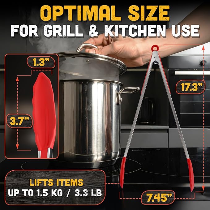 17.3" Extra Long Tongs with Silicone Tip & Stainless Steel Frame | Long Kitchen Tongs with Extended Reach, 3.3 Lb Hold and Storage Lock; for BBQ Grilling, Cooking, Grabbing, Serving and Salad
