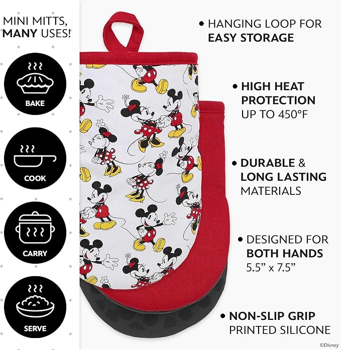 Disney Mickey & Minnie Mini Oven Mitts, 2-Pack, Heat Resistant 450F | Compact 5.5"x7.5" pot holders for kitchen, printed silicone offers non-slip grip, ambidextrous, hand wash or spot clean