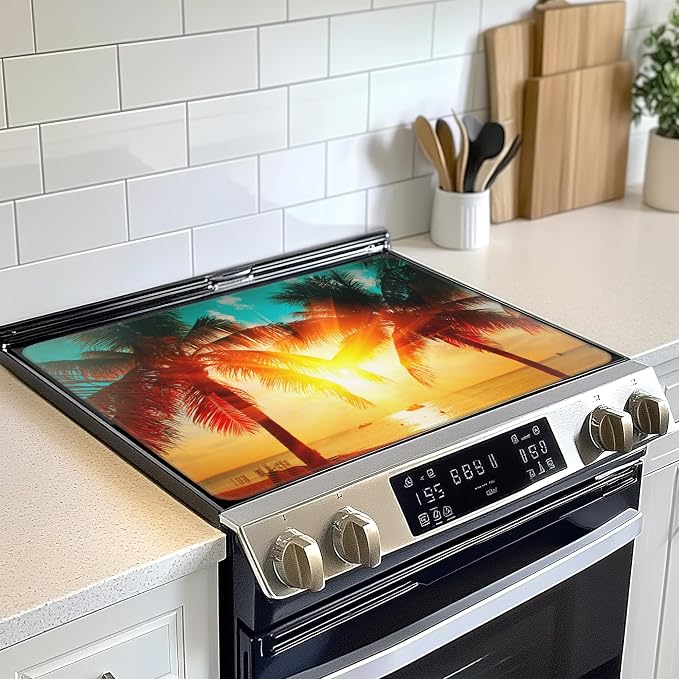Tropical Palm Tree Sunset Beach Stove Top Cover for Electric, Glass Ceramic Stove Cover, Heat Resistant Flat Stovetop Protector, Dish Drying Mats for Kitchen