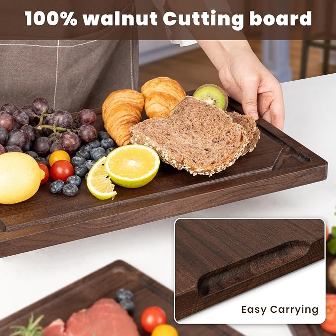 Heimlove Walnut Wood Cutting Board for Kitchen, 15"x10" Reversible Wooden Chopping Board with Deep Juice Grooves and Handles, Natural Walnut Wood Cutting Board for Chopping, Cheese, Vegetables