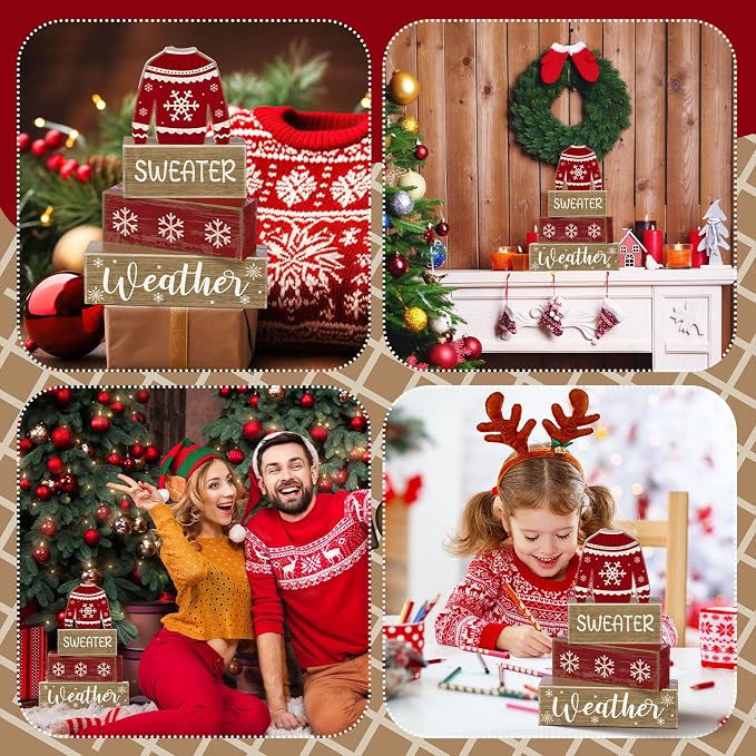 Lineshading 4 Pcs Christmas Table Decoration Wooden Block Signs Sweater | Red Ugly Sweater With Snowflake, Christmas Centerpiece For Tiered Tray, Rustic Wood Block Display, Home Shelf Decor