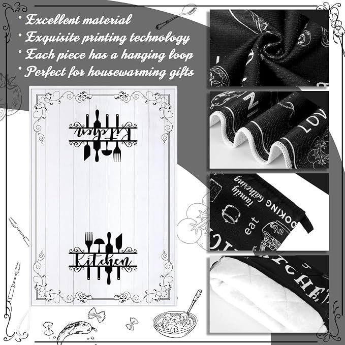 7 Pcs Kitchen Towels Oven Mitt and Pot Holder Apron Kitchen Decor Birthday Party Gifts (Cooking Meal Theme)