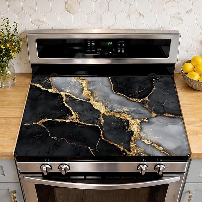 Stove Top Cover Black Gold Marble 28.5x20.5Inch for Electric Stove, Heat Resistant Silicone Cooktop Protector,Glass Stove Cover Mat,Anti Scratch Countertop Protector