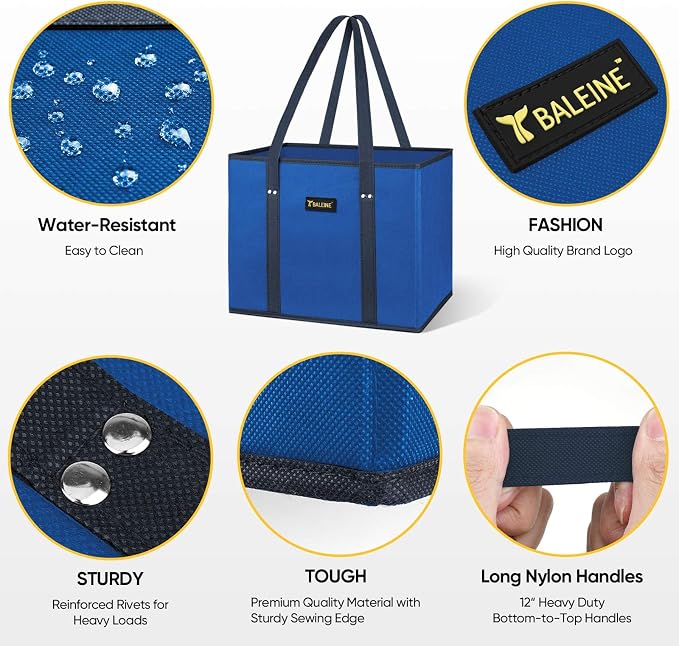 BALEINE 3PK Reusable Grocery Bags, Heavy Duty Shopping Tote Bag | 12'' Long Handles, Reinforced Bottom Keeps Upright, Fold Flat Storage, Water-Resistant Shopping Bag, Multiple Color Options