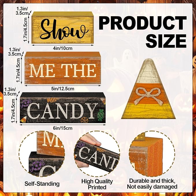 Lineshading 4 Pcs Halloween Table Decoration Candy Corn Wooden Stacked Sign | Rustic Stacked Blocks for Tabletop, Show Me the Candy Theme, Fall Halloween Home Decorations, Tiered Tray Display